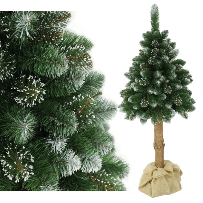 Choinka sztuczna Sosna Kryształowa na Pniu 160 cm. Drzewko świąteczne z sztucznymi kryształkami. Sztuczne drzewko na naturalnym pniu sosnowym.