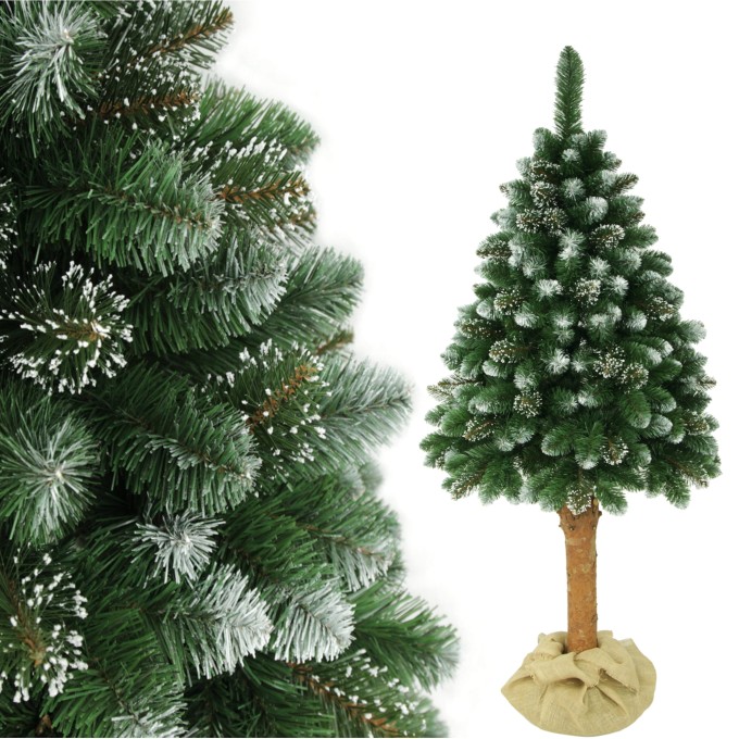 Choinka sztuczna Sosna Kryształowa na Pniu 180 cm. Drzewko świąteczne z sztucznymi kryształkami. Sztuczne drzewko na naturalnym pniu sosnowym.
