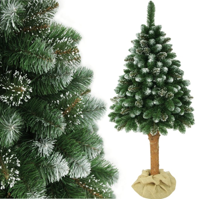 Choinka sztuczna Sosna Kryształowa na Pniu 220 cm. Drzewko świąteczne z sztucznymi kryształkami. Sztuczne drzewko na naturalnym pniu sosnowym.