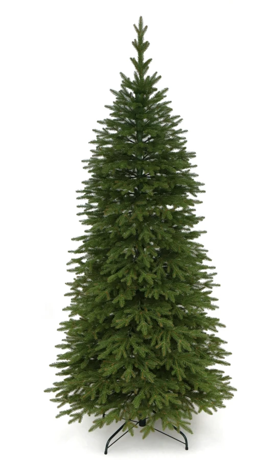 Choinka sztuczna Świerk Naturalny Szczupły 100% PE 220 cm. Sztuczne drzewko Świerk Naturalny Szczupły. Drzewko świąteczne Świerk Naturalny Szczupły. Choinka sztuczna jak Żywa. Zdjęcie przedstawia choinkę w całym rozmiarze na białym tle.